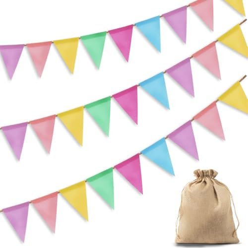 Dusor Wimpelkette Outdoor, 3 Stück 5M 36 Wimpel, Wimpelkette Kinderzimmer | Jutesäckchen Wetterfest, Matschküche Spielturm Zubehör, Happy Birthday Girlande Geburtstag, für Party Deko, Einschulung Deko