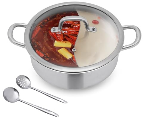 TkkMivcOC Pentola Hotpot in acciaio inox 304, con 2 mestoli, doppio shabu con coperchio trasparente in vetro, per feste, casa, 28,3 x 13 cm, colore: argento