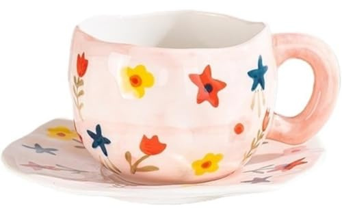 FülleMore Niedliche Kaffeetasse mit Untertasse 250ml Espressotasse Frühstückstasse Süße Teetasse Party Kaffeeservice Geschenk für Mama Oma Mädchen Freundin Kollegin (Rosa mit Blumen)