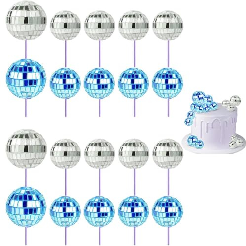 Yeesabella Disco Ball Cupcake Toppers, 70s Retro Cake Decorations With Stick for Dessert, Shiny Mini Ball Picks for Birthday, Theme Party Supplies for Decor Ornament (blue)