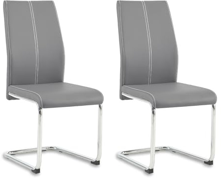 Colorig Faux Leather Dining Chairs Set of 2, High Backrest Kitchen Chairs with U Shape Chrome Metal Legs, Easy Clean Chair for Living Room Dining Room Office Kitchen (2, Grey)