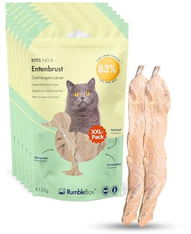 RumbleBox XXL 100% Entenbrust Gefriergetrocknete Katzensnacks, Fleisch im Ganzen ohne Getreide und Zucker für Allergiker, NUR 1 ZUTATEN (Sparbox 6x50g)