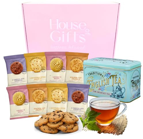 Tea and Biscuits Gift Set Hamper With Traditional British Border Biscuits Including 8 Packs & Tea Caddy In a Luxury Pink Hamper Box | Great for Women, Mum and Grandmas