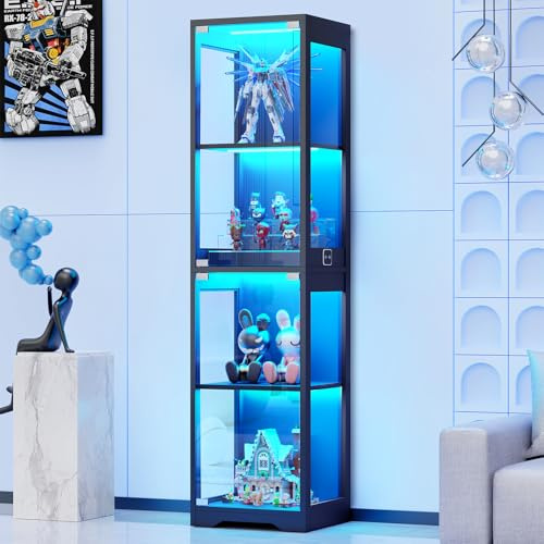 BROTTAR 63 Tall Display Cabinets with Glass Doors, Glass Bookcase Bookshelf with 3 Color Lights & Human Body Sensor, File Cabinets for Office Living Room Bedroom Furniture, Black