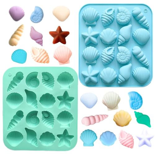 Paotxpum 2 PCS Seashell Fondant Silicone Molds Conch Starfish Marine Animal Theme Cake Baking Molds for Chocolate Candy Cupcake Cookie Polymer Clay DIY Decoration