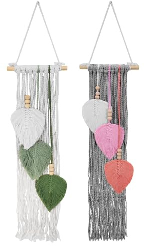 2 arazzi da parete in macramè, fatti a mano, in pizzo, con nappe e foglie, per camera da letto, interni, soggiorno, regalo, 66 x 20 cm