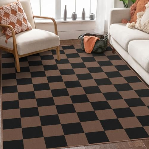 SOANNY Alfombra salón Pelo Corto súper Suave patrón Cuadros Lavable Antideslizante para salón Dormitorio habitación Infantil Comedor Oficina Negro-marrón 140x200 cm