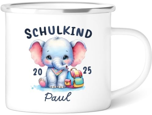 GRAVURZEILE Emaille Tasse für Kinder - Schulkind Elefant - Personalisiert mit Namen - versch. Motive - 300 ml - Trinkbecher für Kinder - Geschenk zur Einschulung für Jungen & Mädchen