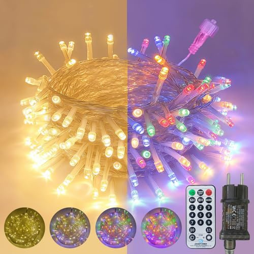 LED Lichterkette Außen, 10M 100LED Warmweiß und Bunt Weihnachtsbaum Lichterkette Strom mit Fernbedienung, 11 Modi|3 Timer|4 Dimmbar|IP65|Merkfunktion, Lichterkette für Balkon, Garten, Weihnachtsdeko