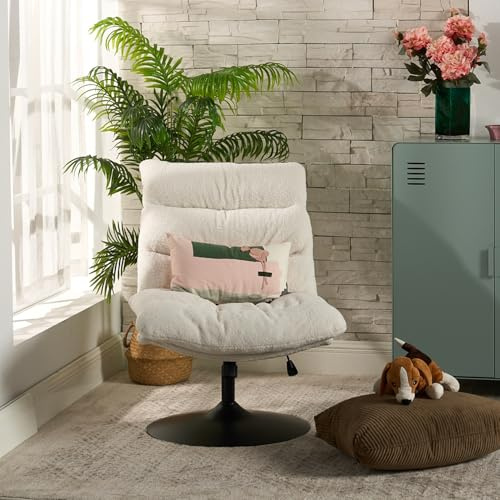 MEUBLE COSY Poltrona Imbottita Girevole Sedia da Salotto Funzione di Inclinazione Libera Poltroncina Relax con Seduta Spessa Schienale in Tessuto Bouclé Bianco