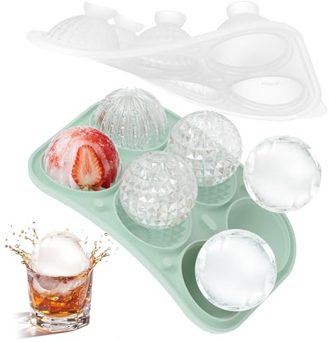 Eiswürfelform Groß-5cm, BPA-Frei Silikon Eiswürfelform 6 Rund / 3 Verschiedene Kugelförmige Ice Cube Tray Eiswürfelbehälter mit Deckel für Cocktail, Whiskey, Saft, Kaffee Eiskugel (Grün)