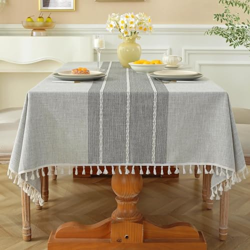 Laolitou Outdoor Table Cloth Rectangular, Waterproof Cotton Linen Tablecloth Wipe Clean Washable Anti-Wrinkle Tassel Design for Garden Picnic Party Kitchen Dinning, 55 x 72 Inch