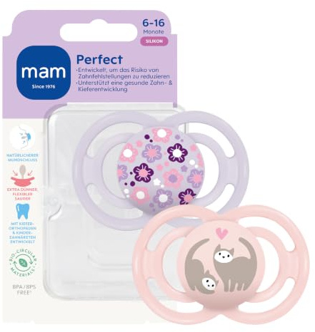 MAM Perfect Schnuller, 6-16 Monate, Blumen/Katzen, 2 Stück | Beugt Zahnfehlstellungen vor, SkinSoft Silikon, hautfreundlich dank Luftlöcher, inkl. Sterilisierbox