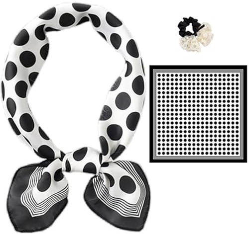 ZenyTra Satin-Schal mit Schwarz-Weiß Punkte Muster | Elegantes 70x70 cm Kopftuch & Halstuch | Zeitloses Design inkl. Haarschleife | Weiches Satin-Accessoire für Frauen (Mit 1 Schmetterling-Haarring)