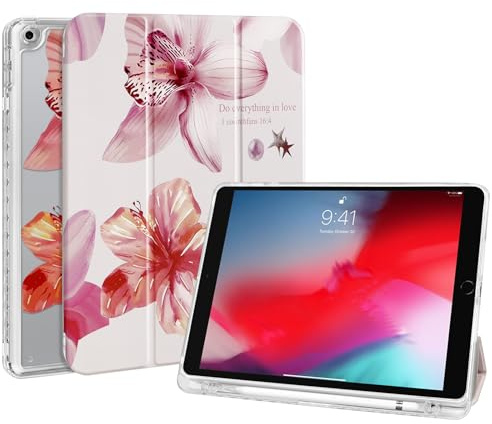 Fycyko Hülle für iPad 9./8./7. Generation 2021/2020/2019, iPad 10,2 Zoll Hülle Klare Durchsichtig Rückseite mit Stifthalter, Hibiskus Lilien Blume Trifold Ständer Ästhetisches Schutzhülle Rosa