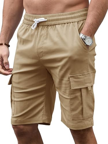 Tolaler Pantaloncini Cargo Uomo Estivi Pantaloni Corti Casual Coulisse Bermuda Shorts Vita Elasticizzata con Tasche Cachi M