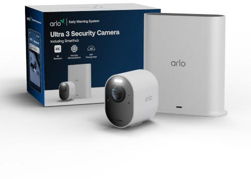 Arlo Ultra 3 säkerhetskamera utomhus, 4K UHD, trådlös CCTV, 6 månaders batteri, färg nattvision, väderbeständig, ljus spotlight, 2-vägs ljud, 1 kamerakit, Arlo Secure Trial ingår, vit