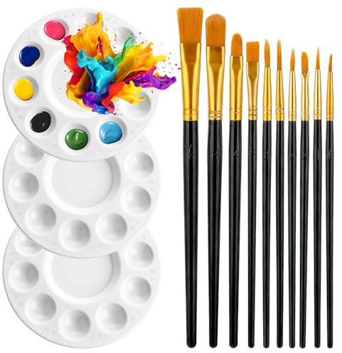 Paint Brushes Palette Set, 10PCS Black Paint Brushes & 3PCS Round Plastic Paint-Palettes, Nylon Hair Paintbrush (Assorted Sizes & Shapes) for Acrylic, Oil, Watercolor, Gouache, Tempera, Body Painting