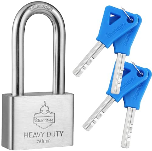 Sharkbyte [Never Rust] Heavy Duty Stainless Steel Long Shackle Padlock [50mm] Outdoor Waterproof Lock with 4 Keys, Hardened Steel Body & Mechanism, Anti-Corrosion Security for Gates, Containers, Sheds