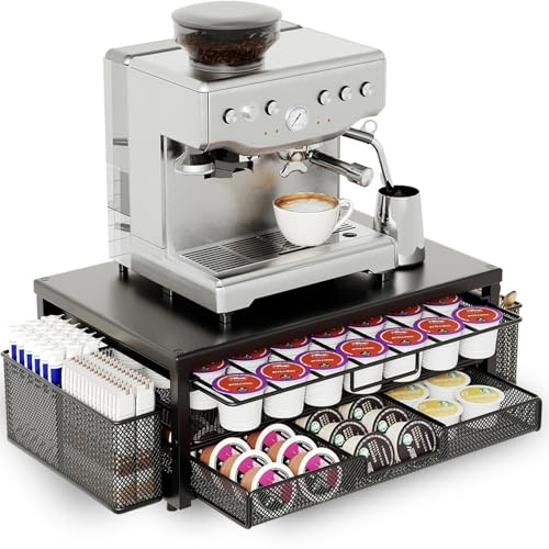 Metal Coffee Pod Holder Storage with 2 Tier Vertuo Capsule Holder Drawer, Coffee Machine Stand with 2 Coffee Accessories Baskets,Black