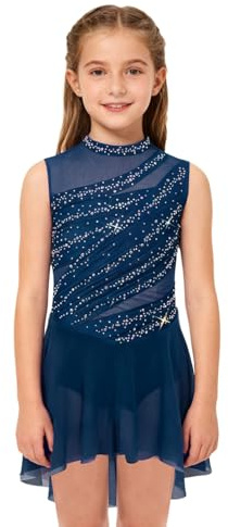 Rswnyirn Vestido de niña con brillo para baile, vestido de ballet sin mangas, vestido de patinaje artístico, camiseta asimétrica, falda elegante, ropa de baile elegante, azul marino, 146-152