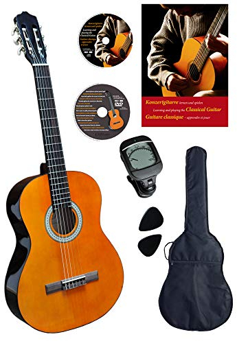Konzertgitarre 4 4, Clifton, Starter Set, laminierte Fichtendecke, Farbe Palisander mit cremefarbigen Randeinlagen, inkl. Tasche gepolstert mit Rucksackriemen, Lehrbuch mit vielen Hits und Karoke-CD, Lern DVD, Cliptuner (Stimmgerät) mit LCD-Nadelanzeige mit Hintergrundbeleuchtung, 2 Plektren, Rosewood Griffbrett und Brücke