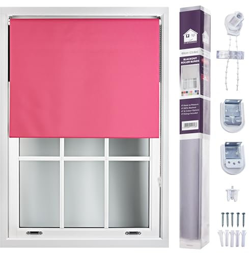 FURNISHED Roller Blinds Window Blackout Blind - 100% Black Out Thermal Fabric Easy Fit Fittings - Custom Made to Measure Blackout Blind Bedroom Bathroom Kitchen, Fuchsia Pink, Up to 60W x 210H cm