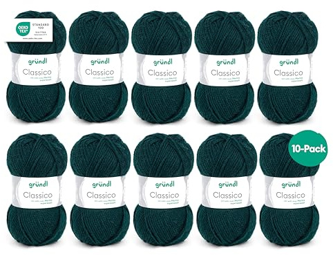 Gründl Wolle Classico Merinowolle Strickgarn - 10 Knäuel 50 g, tanne | Dicke Wolle zum Stricken und Häkeln - Weich und hautfreundlich - 50% Merinowolle, 50% Polyacryl 120m - Nadelstärke 3,5 4,5