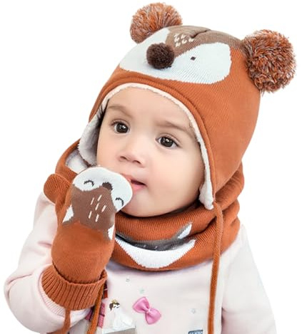DORRISO Linda Niños Sombrero y Bufanda Guantes Otoño Invierno Primavera Gorro Bebe Calentar Pequeña Zorro Gorro Bufanda Guantes Conjunto Sombrero de Niño Naranja