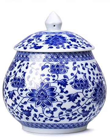 Dahlia Boîte à thé vintage en porcelaine Motif floral Bleu/blanc Lotus abstrait