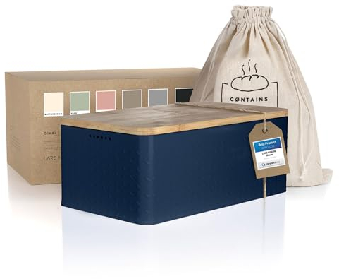 LARS NYSØM Panera I Recipiente para Pan con Bolsa incluida Hecha de Lino I Caja de Pan con Tapa de bambú Adaptable como Tabla de Cortar (Midnight Blue)