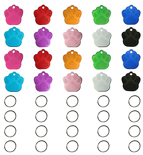 HACRAHO Hundemarken, 20 Stück, blanko, gravierte Hundemarken, Aluminium, Haustiernamen, Telefonnummer, ID-Tags mit 20 Schlüsselringen, Pfotenform