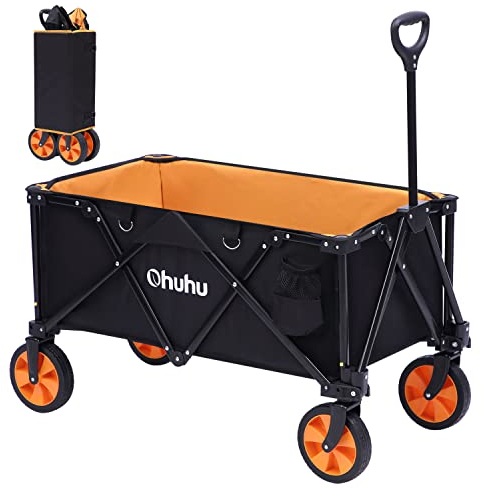 Ohuhu Bollerwagen Faltbar Handwagen mit Verstellbarem Griff für All-Terrain, 145L 180kg Belastbarkeit Strandwagen Gartenwagen Gerätewagen mit Seitentasche für Garten Camping Einkaufen, Schwarz