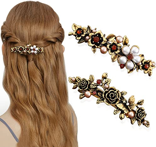 Kavya Fermaglio automatico per capelli da donna, sottile, 2 pezzi, francese, vintage, in metallo, alla moda, con cristalli e perle, per capelli grandi e spessi