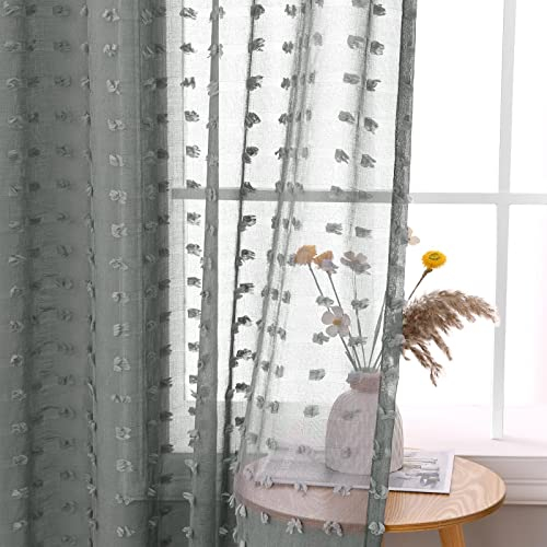 Joywell Grau Gardinen Wohnzimmer Vorhänge Transparente Voile Sheer Vorhänge Mädchenzimmer Leinenstruktur mit Ösen Pompons Ösenschal Luftig Dekoschal für Schlafzimmer Kinderzimmer 225x140