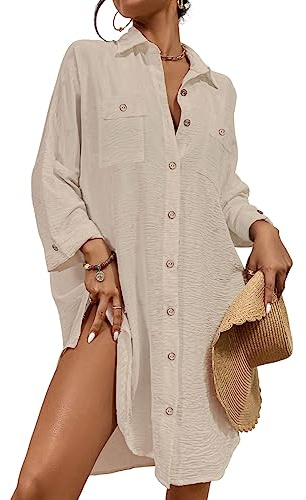 Bsubseach Täckande badkläder för damer, övertäckningsplagg, modern tunika, blus med knappar, skjortklänning, topp, Aprikos, S