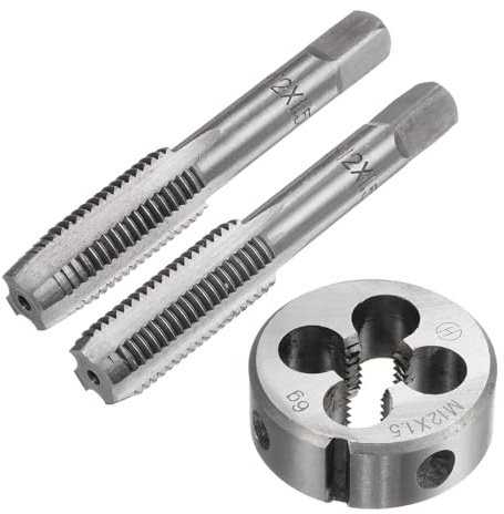 sourcing map 3pcs Metric Hand Tap & Die Set, M12 x 1.5 Taper/Bottom Thread Taps + Round Die, Tap and Die Kit Hand Threading Tapping Tools for Repair