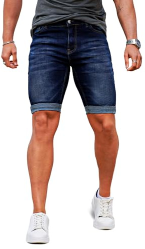 GINGTTO Pantalones Cortos Hombre Slim Fit Vaqueros Elastico Shorts Ajustado Stretch Jeans de 9 Pulgadas Azul Oscuro 30