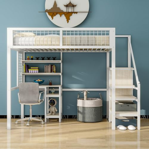 Kinderbett Metallbett 90x200 cm, Hochbett mit Bücherregal und Computertisch, Funktionsbett mit Kleiderschrank und Treppe,Stauraumbett Jugendbett mit Rausfallschutz und Lattenrost, Weiß, Ohne Matratze