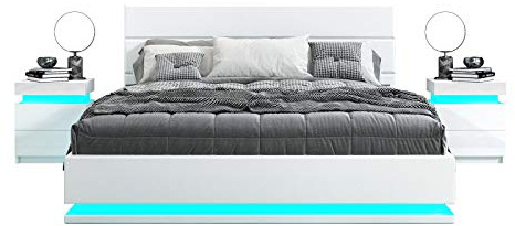 4ft6 Ottoman Double Storage Bed Frame with RGB LED,135x190cm Gas Lift Up Double Bed Frame with Wooden Slats,Easy Operation,Modern PU Upholstered Design for Bedroom,90H x 146W x 202D cm,White