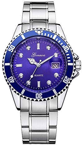 Singular-Point Mens Silver Watches Blue Dial Watches for Men Keychain Watch Rotarywatch Mens Watches Chronograph Analogue UK Watch Gents Wrist Watches Gent Bracelet
