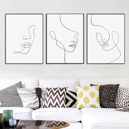 ZHAOLIN Nordische minimalistische Figuren Strichzeichnungen Sexy Frauengesicht Wand Leinwandgemälde Zeichnung Poster Drucke Dekoration für Wohnzimmer 70X100cm (28x39in) X3 Rahmenlos