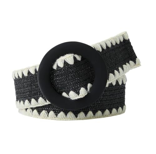 WJIAYAO Gürtel Damen Modischer Gürtel for Damen, aus Stroh gewebt, breiter elastischer Riemen mit passender runder Schnalle(PP2 Black)