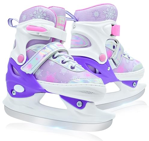 SMOOJOY Adjustable Kids Ice Skates for Girls Boys Comfortable, Smooth Blades Purple Snow Hockey Ice Skating Shoes for Outdoor Indoor Rink, Perfect for Beginner Winter Sports Ages 5-8