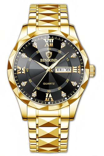 Gosasa Luxury Men's and Women's Business Diamond Stainless Steel Waterproof Roman Numeral Analog Quartz Watch with Day-Date Calendar, Gold and Silver Tone (Gold Black, Men)