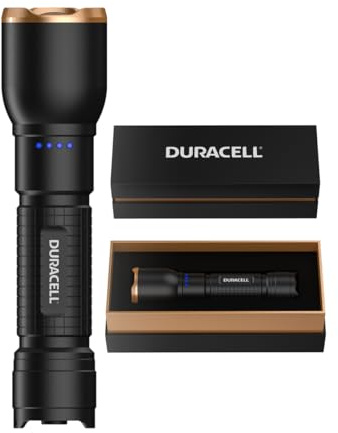 Duracell Linterna LED DF2500R Pro – 2500 lúmenes, enfocable, alcance de 200 m, recargable por USB-C, batería de ion de litio 21700, varios modos de luz, a prueba de salpicaduras, incluye caja de