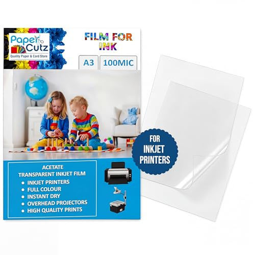 Papercutz A3 Inkjet Acetate Sheets (20 Sheets), 100 Micron Acetate Sheets A3, Transparent Paper for Printing, Overhead Projector Film, OHP Sheet, Clear Plastic Sheeting for Crafting