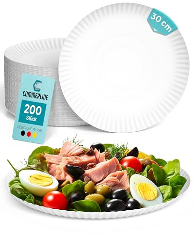 Commerline 50 Stück Rund Pappteller Ø30 cm | Hochwertige Einwegteller für Kuchen, Partys & Snacks | Einweggeschirr & Einmalgeschirr | Pappteller für Essen, Geburtstage & Catering