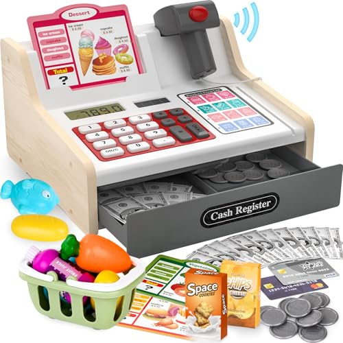 maysida Cassa Giocattolo in Legno con Scanner e Suoni per Bambini 3-5 Anni, Set Negozio con Monete, Carte, Carrello e Cibo Natale o Compleanno