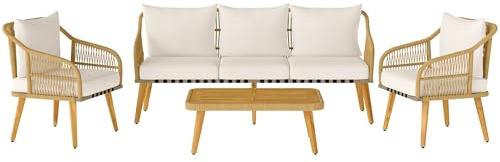 Outsunny Set di Mobili da Giardino in Rattan 4 Pezzi, Salotto da Esterno con Divano 3 Posti, 2 Poltrone, Tavolino a Doghe e Cuscini Lavabili, Struttura in Acciaio e Legno di Acacia, Cachi e Crema